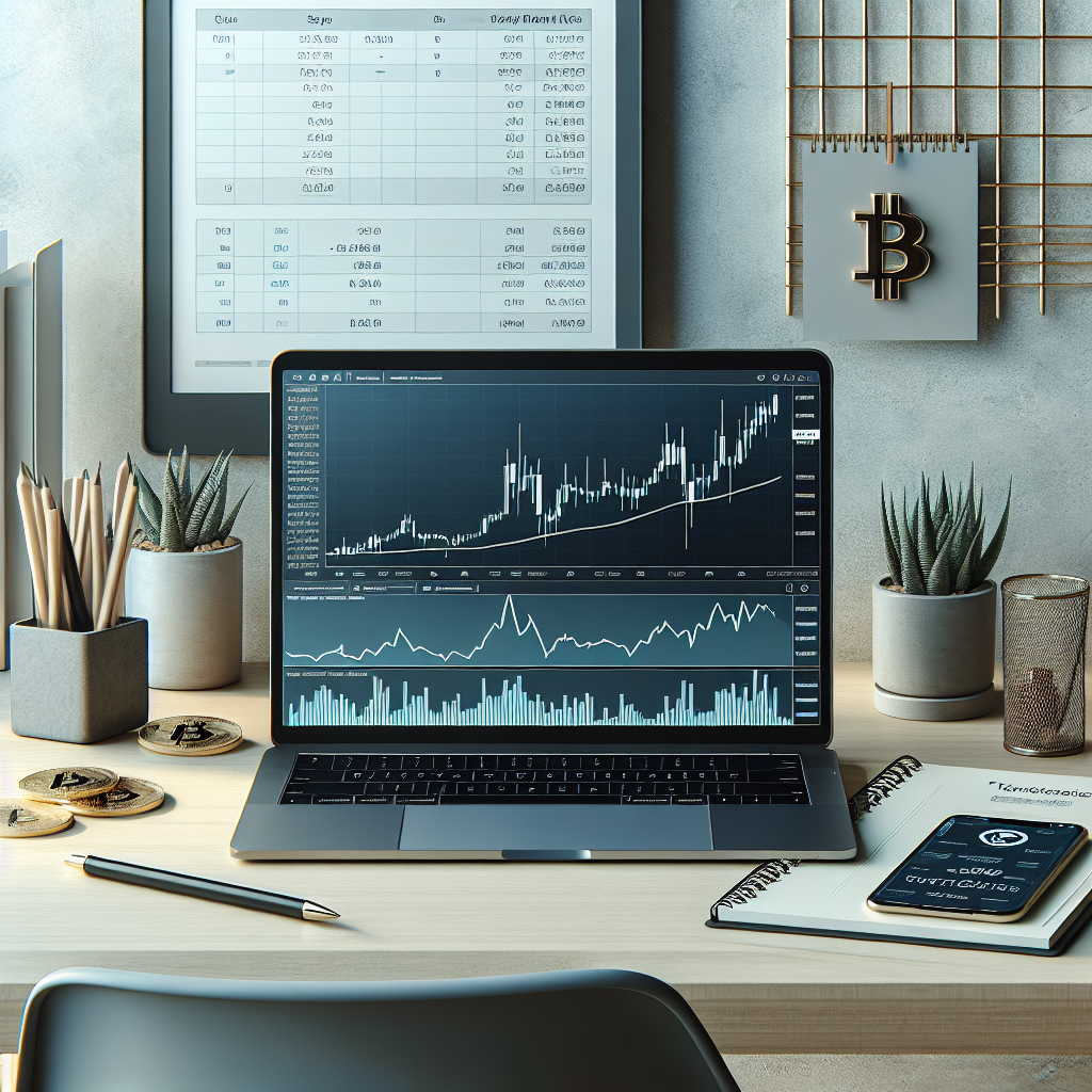 Modern crypto trading desk: laptop with candlestick charts, notebook with risk-management notes, a smartphone showing portfolio allocation, clean minimalist style