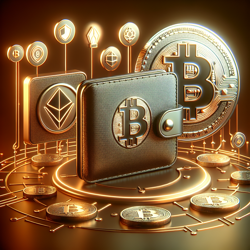 A modern digital wallet concept: a sleek hardware wallet, seed phrase on metal plate, and shield icon, with subtle crypto icons and warm lighting