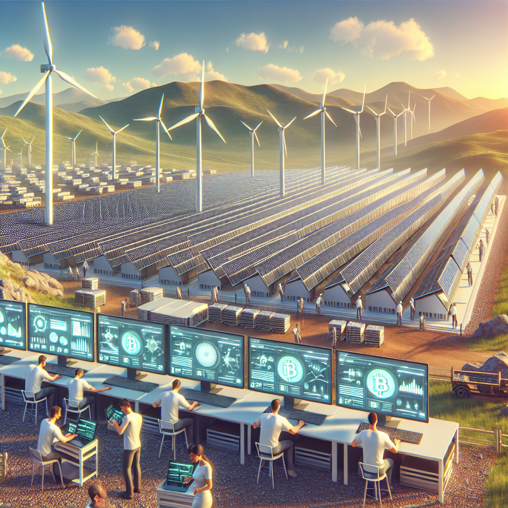 A modern crypto mining farm with solar panels and wind turbines in the background, miners monitoring efficiency dashboards on screens, clean-energy aesthetic, realistic style