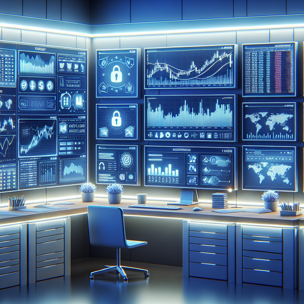 Illustration of a modern crypto trading desk: multiple screens showing order books, charts, API code snippets and security locks, clean cool blue tones