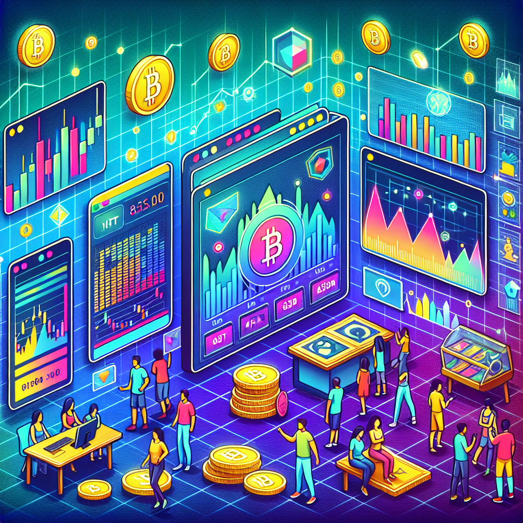 A dynamic digital illustration of an NFT marketplace interface with colorful token art, candlestick trading charts, crypto wallets and collectors exchanging digital collectibles