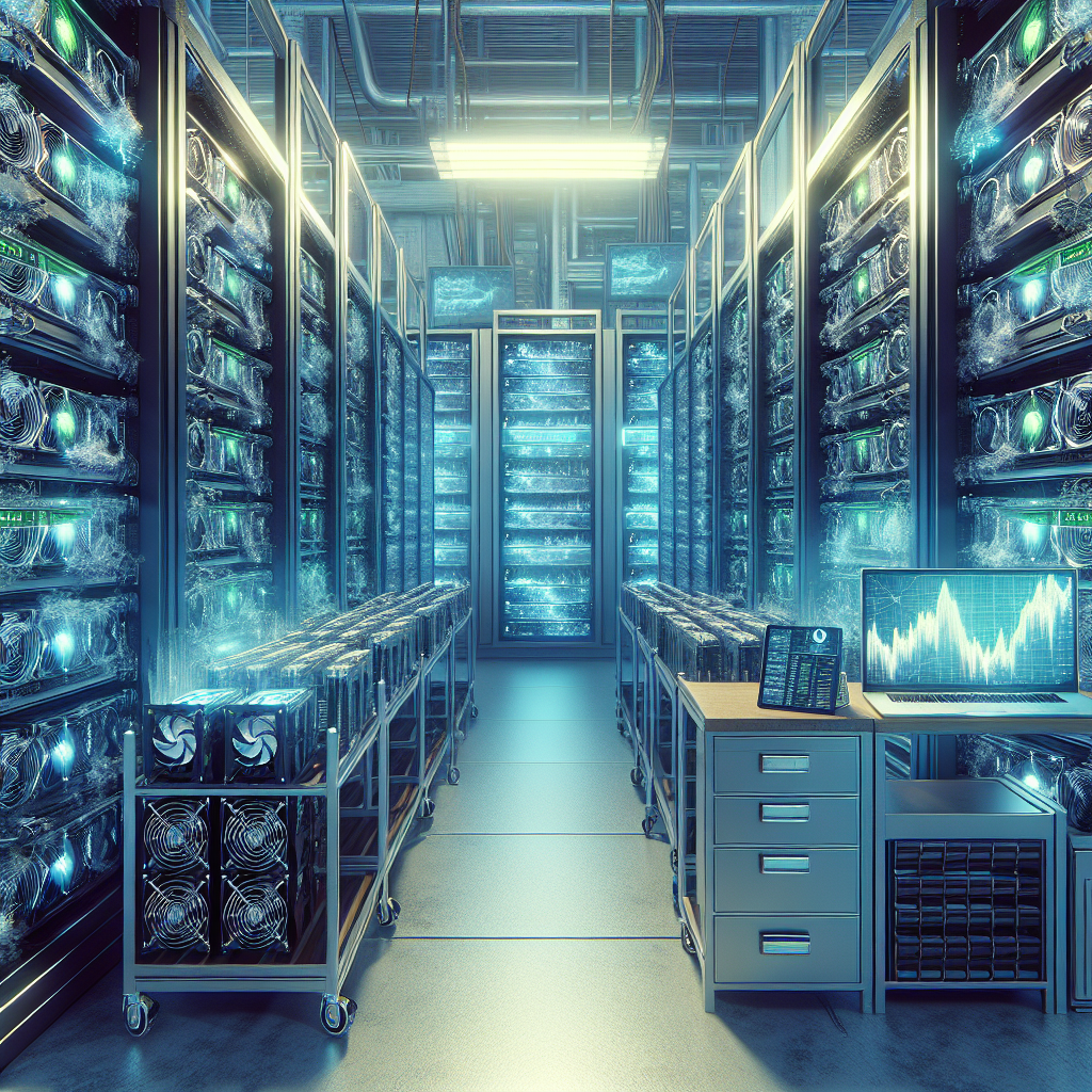 A cinematic data-center scene with rows of GPU and ASIC rigs, a trader's laptop on a workbench, green energy icons and soft blue lighting