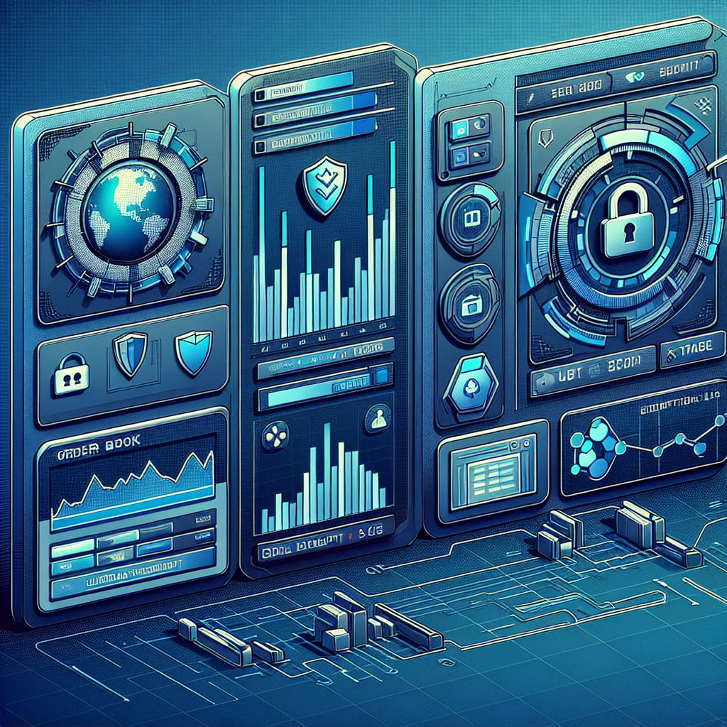 A modern digital illustration of a secure crypto exchange dashboard showing charts, order book depth, and security icons (padlock, shield), cool blue tones, clean UI