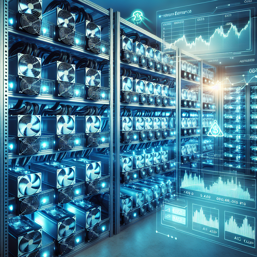 High-resolution photo of a modern crypto mining room: rows of efficient ASIC and GPU rigs, cool blue LED lighting, visible cooling fans, charts and green energy icons overlay, clean industrial aesthetic